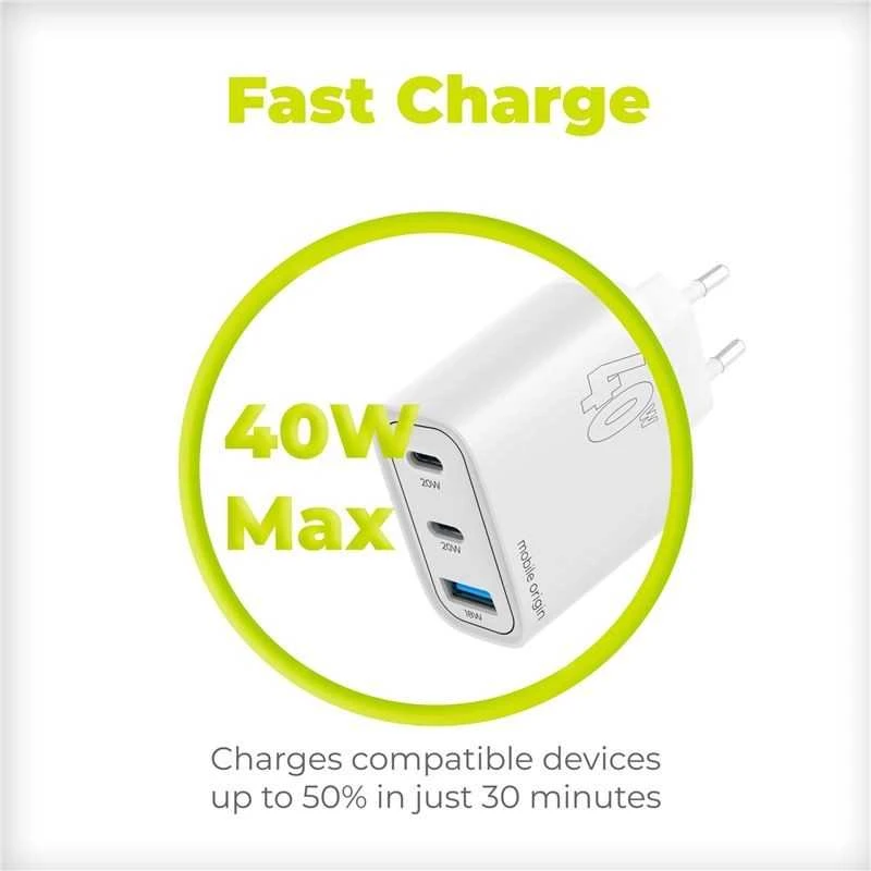 Mobile Origin GaN 40W sieninis įkroviklis MO13, 1 USB-A + 2 USB-C