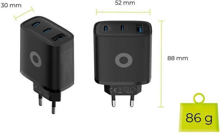 Mobile Origin GaN 40W laidinis įkroviklis MO13, juodos spalvos 1 USB-A + 2 USB-C