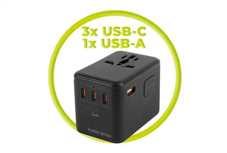 „Mobile Origin GaN 67W“ kelioninis adapteris PW5 EU/UK/US/AUS, 3x USB-C + USB-A