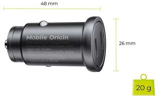 Mobile Origin Metalinis automobilinis įkroviklis 30 W, CA13 - 2 x USB-C
