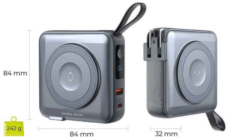 Mobile Origin nešiojamas įkroviklis ir kelioninis įkroviklis, „Lightning“ / USB-C laidas, suderinamas su „MagSafe“ / „AW“ / „iPhone“, pilkas