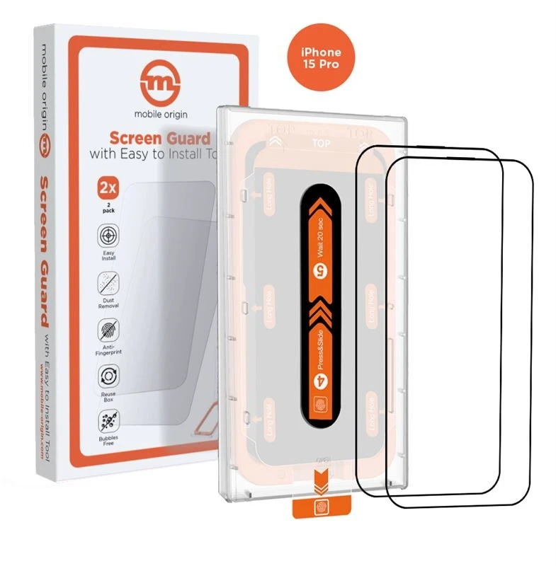 Mobile Origin Oranžinė iPhone 15 Pro ekrano apsauga su lengvu aplikatoriumi, 2 vnt.