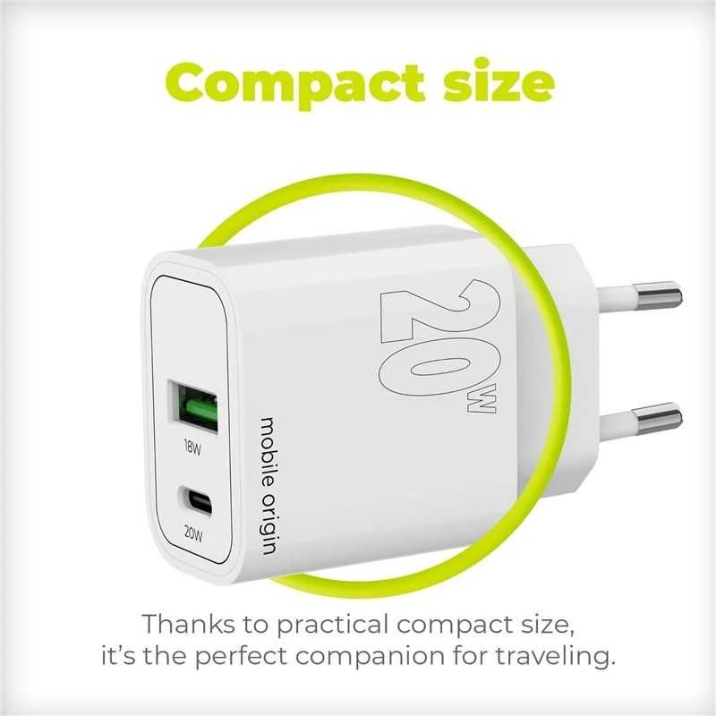 Mobile Origin PD20W sieninis įkroviklis MO12, 1 USB-A + 1 USB-C