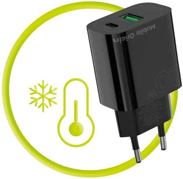 Mobile Origin PD20W laidinis įkroviklis MO12, juodos spalvos 1 USB-A + 1 USB-C