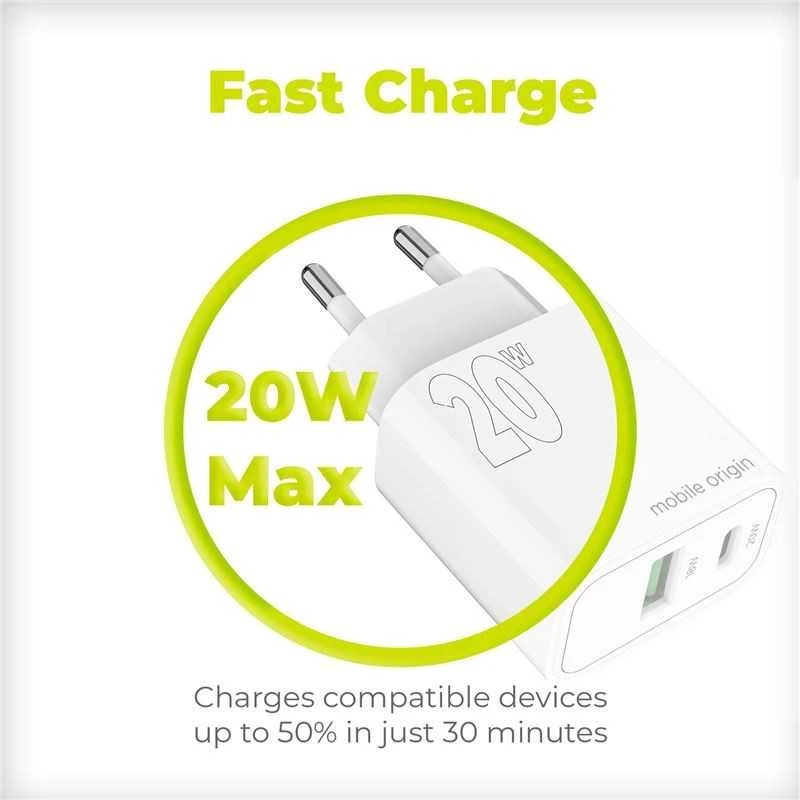 Mobile Origin PD20W sieninis įkroviklis MO12, 1 USB-A + 1 USB-C