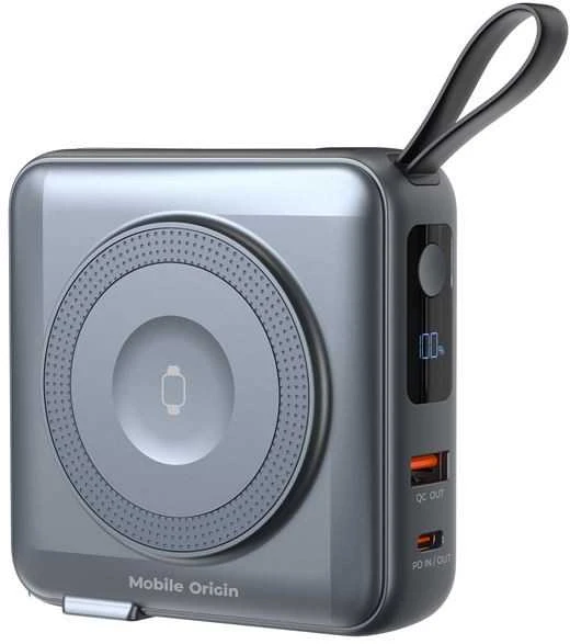 Mobile Origin nešiojamas įkroviklis ir kelioninis įkroviklis, „Lightning“ / USB-C laidas, suderinamas su „MagSafe“ / „AW“ / „iPhone“, pilkas