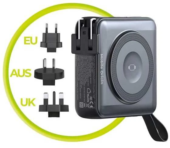 Mobile Origin nešiojamas įkroviklis ir kelioninis įkroviklis, „Lightning“ / USB-C laidas, suderinamas su „MagSafe AW“ / „iPhone“, juodas