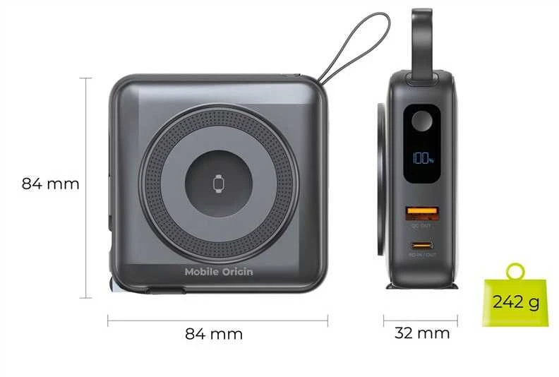 Mobile Origin nešiojamas įkroviklis ir kelioninis įkroviklis, „Lightning“ / USB-C laidas, suderinamas su „MagSafe AW“ / „iPhone“, juodas