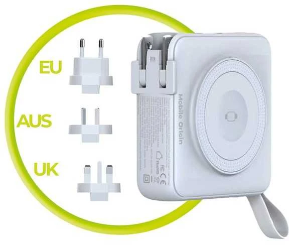 Mobile Origin nešiojamas įkroviklis ir kelioninis įkroviklis, „Lightning“ / USB-C laidas, suderinamas su „MagSafe“ / „AW“ / „iPhone“, baltas