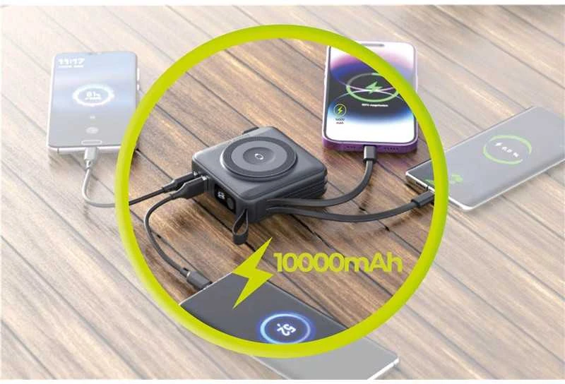 Mobile Origin nešiojamas įkroviklis ir kelioninis įkroviklis, „Lightning“ / USB-C laidas, suderinamas su „MagSafe AW“ / „iPhone“, juodas