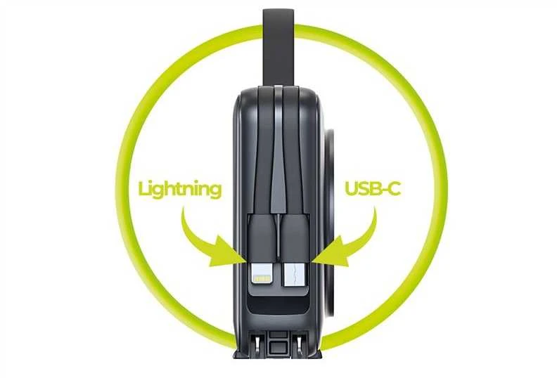 Mobile Origin nešiojamas įkroviklis ir kelioninis įkroviklis, „Lightning“ / USB-C laidas, suderinamas su „MagSafe AW“ / „iPhone“, juodas
