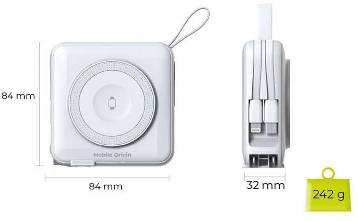 Mobile Origin nešiojamas įkroviklis ir kelioninis įkroviklis, „Lightning“ / USB-C laidas, suderinamas su „MagSafe“ / „AW“ / „iPhone“, baltas