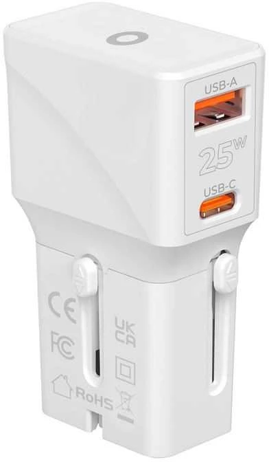„Mobile Origin“ kelioninis adapteris 25 W, ES/JAV/JK/AU, baltas