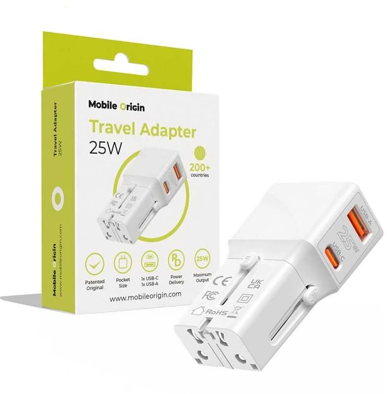 „Mobile Origin“ kelioninis adapteris 25 W, ES/JAV/JK/AU, baltas