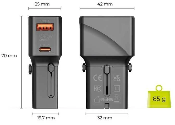 „Mobile Origin“ kelioninis adapteris 25 W, ES/JAV/JK/AU, baltas