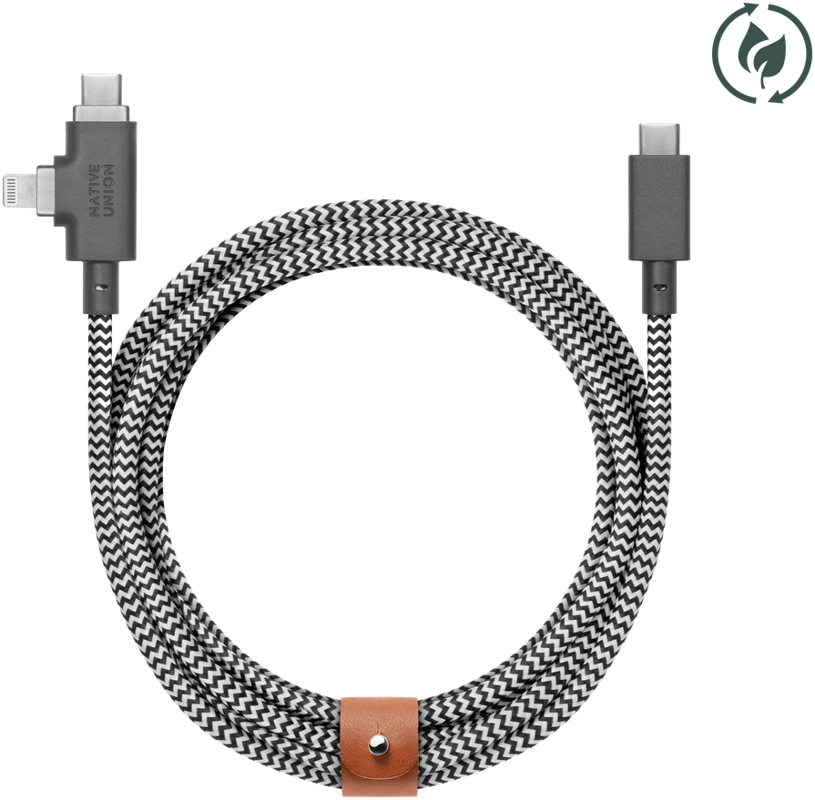 „Native Union Belt Cable Duo Pro 240W“ – USB-C – USB-C / „Lightning“ laidas, 2,4 m (zebras)