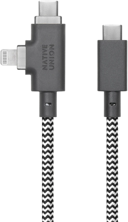 „Native Union Belt Cable Duo Pro 240W“ – USB-C – USB-C / „Lightning“ laidas, 2,4 m (zebras)