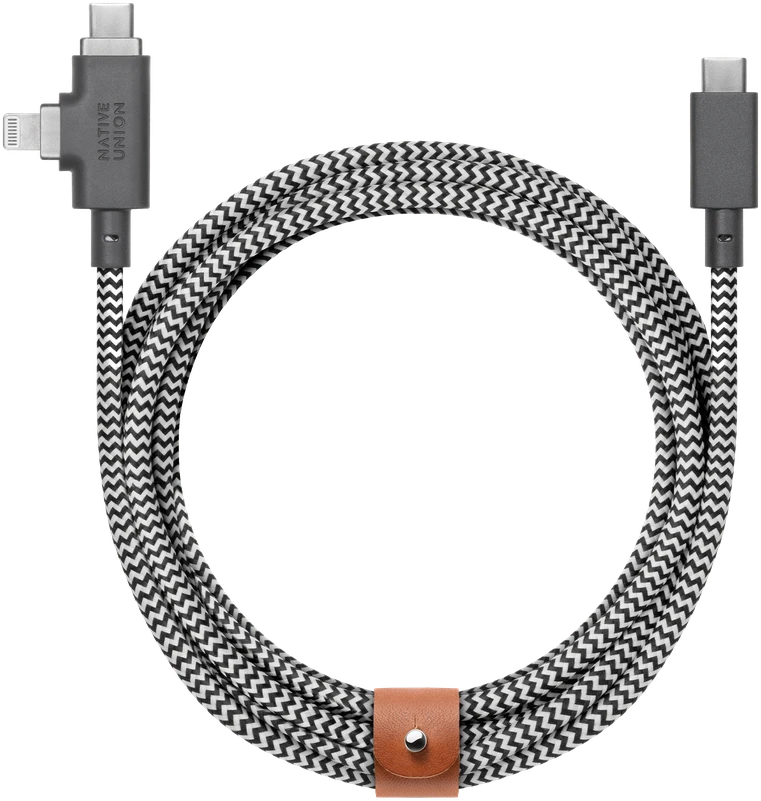 „Native Union Belt Cable Duo Pro 240W“ – USB-C – USB-C / „Lightning“ laidas, 2,4 m (zebras)