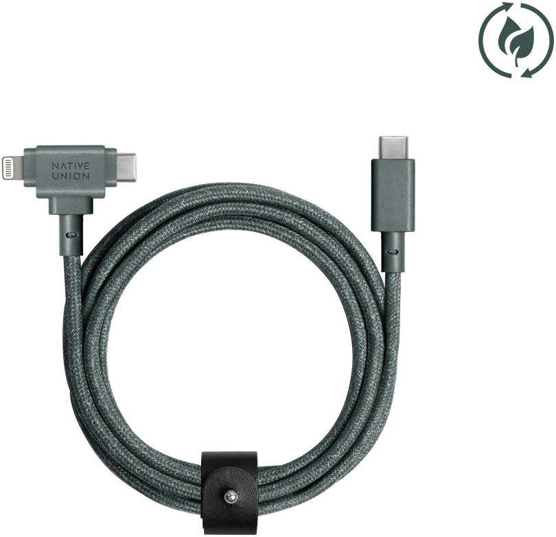Native Union Belt Cable Duo - kabelis USB-C - USB-C / Lightning, 1,5 m (žalias)