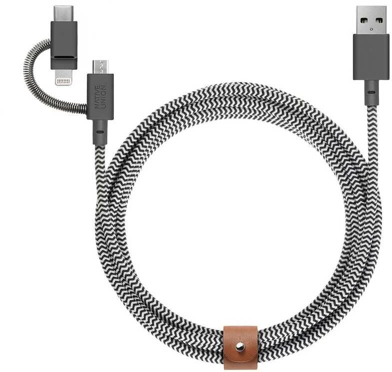„Native Union Belt Cable Universal“ – USB-A – USB-C/Lightning/microUSB kabelis, 2 m (zebras)