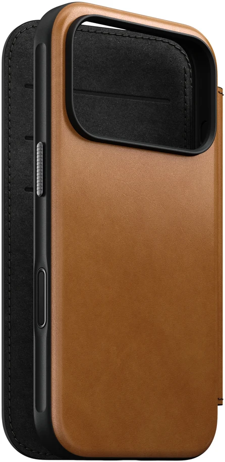 Dėklas Dėklai ir apvalkalai – „Flip Nomad Modern“ natūralios odos aplankas, angliška ruda – iPhone 18 Pro/17 Pro