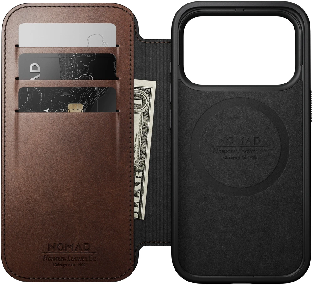 Dėklai ir viršeliai – "Flip Nomad Modern Leather Folio" atlenkiamas dėklas, rustic ruda (Horween) – iPhone 18 Pro/17 Pro dėklas