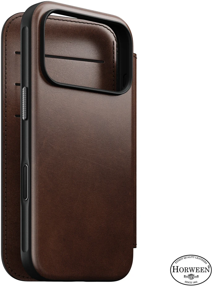Dėklai ir viršeliai – "Flip Nomad Modern Leather Folio" atlenkiamas dėklas, rustic ruda (Horween) – iPhone 18 Pro/17 Pro dėklas