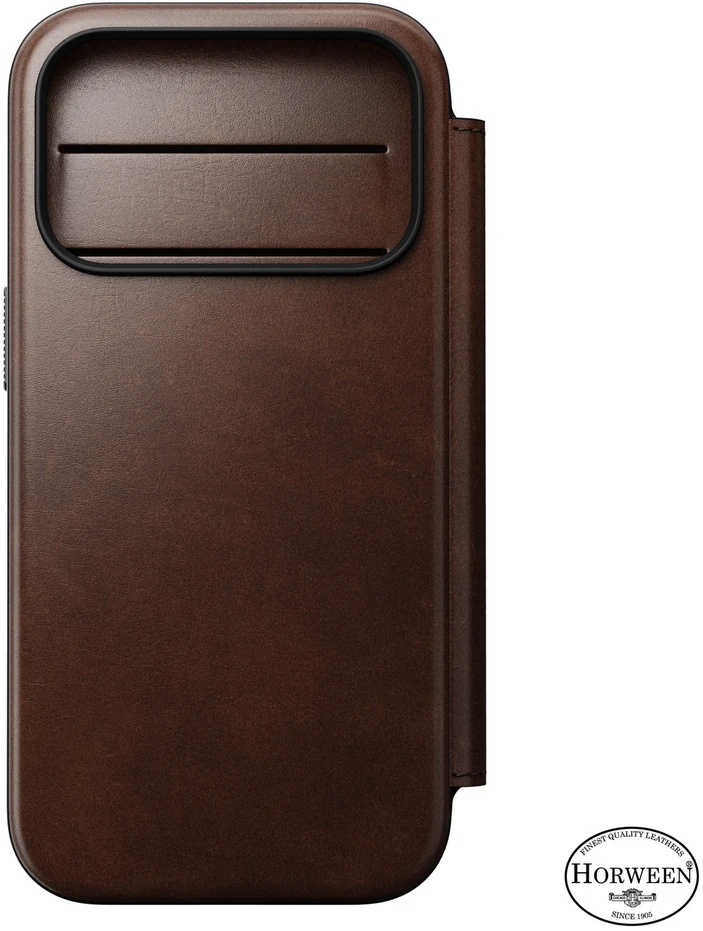 Dėklai ir viršeliai – "Flip Nomad Modern Leather Folio" atlenkiamas dėklas, rustic ruda (Horween) – iPhone 18 Pro/17 Pro dėklas