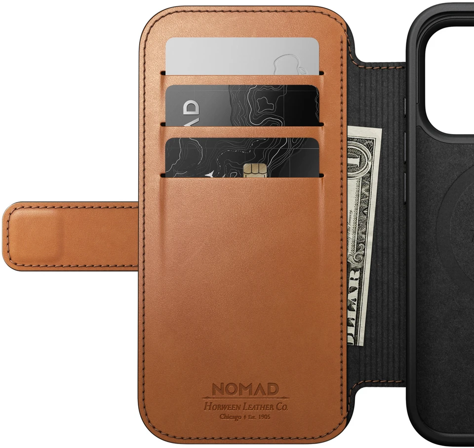 Dėklai ir viršeliai - Flip Nomad Modern odinis dėklas-knygelė, saddle (Horween) – iPhone 18 Pro/17 Pro