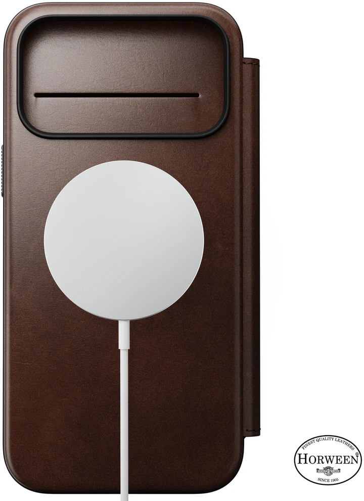 Dėklai ir apvalkalai – Flip Nomad Modern odinis dėklas-knygelė, rustic ruda (Horween) – iPhone 18 Pro Max/17 Pro Max