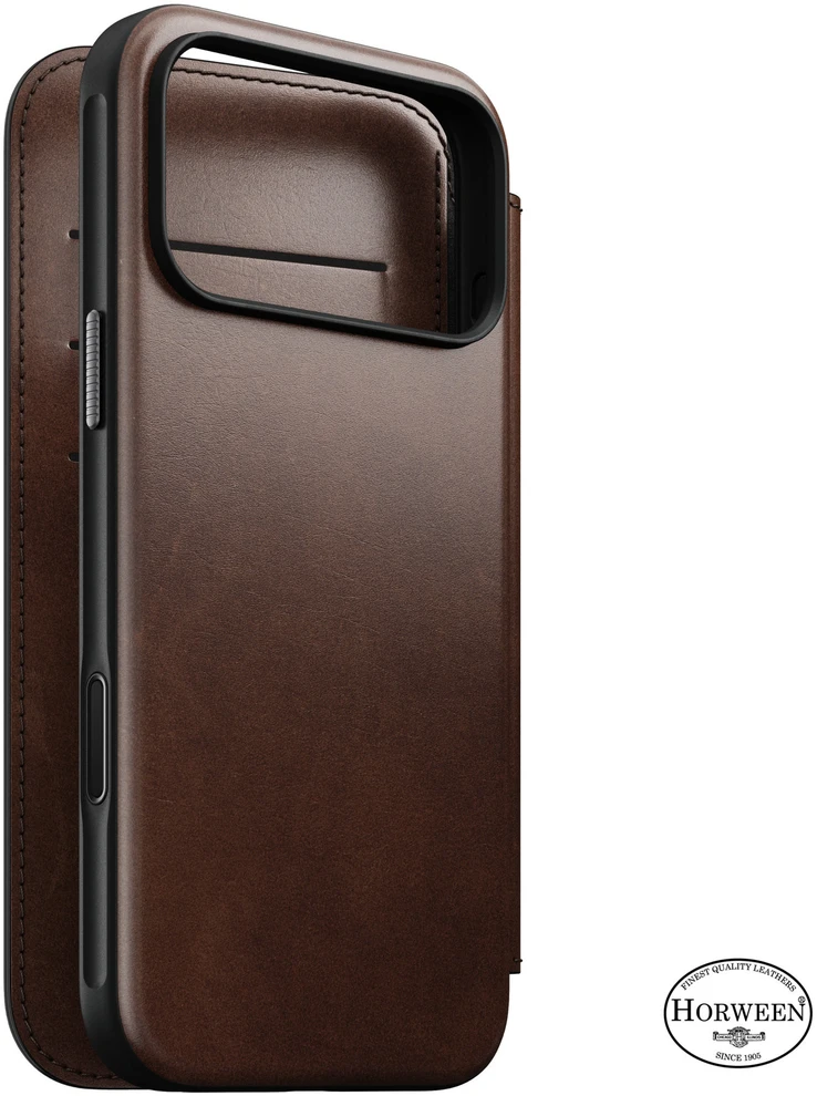 Dėklai ir apvalkalai – Flip Nomad Modern odinis dėklas-knygelė, rustic ruda (Horween) – iPhone 18 Pro Max/17 Pro Max