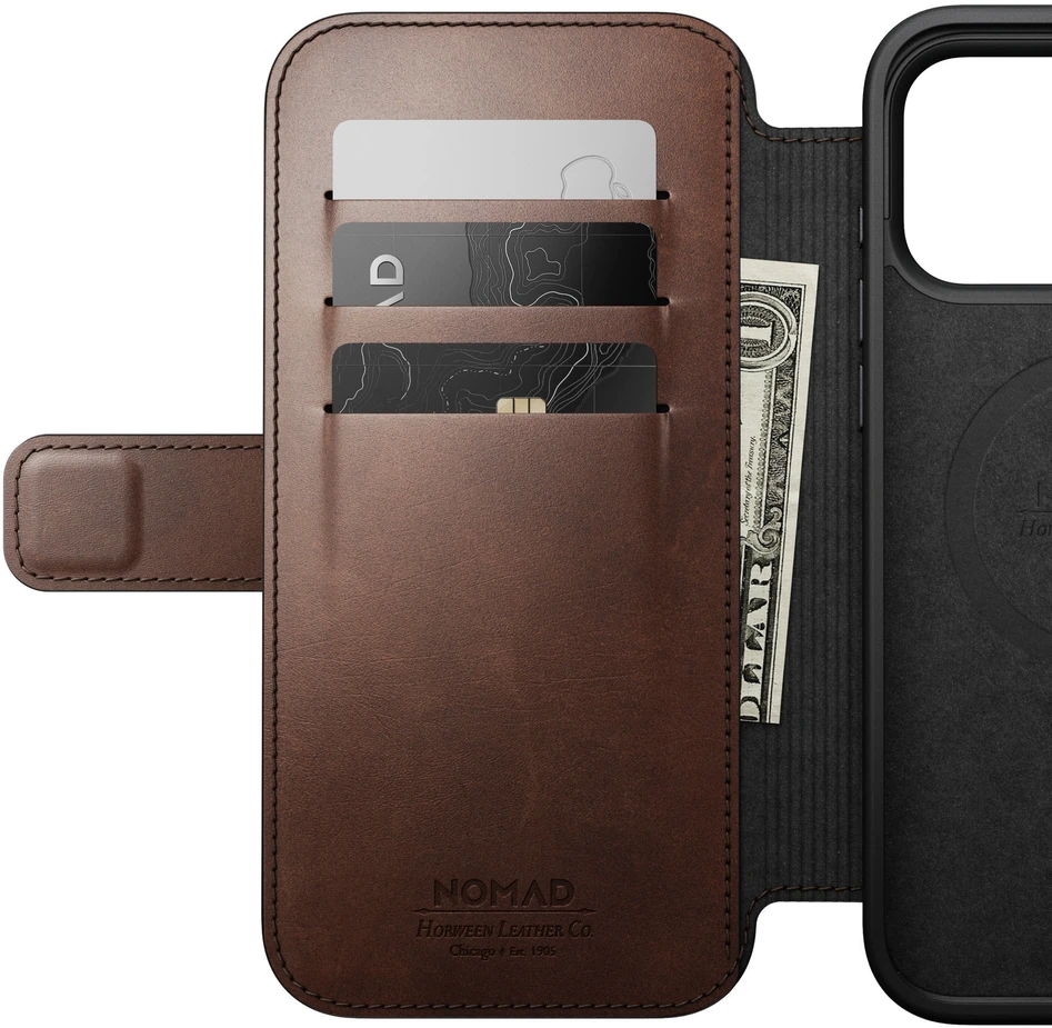 Dėklai ir apvalkalai – Flip Nomad Modern odinis dėklas-knygelė, rustic ruda (Horween) – iPhone 18 Pro Max/17 Pro Max