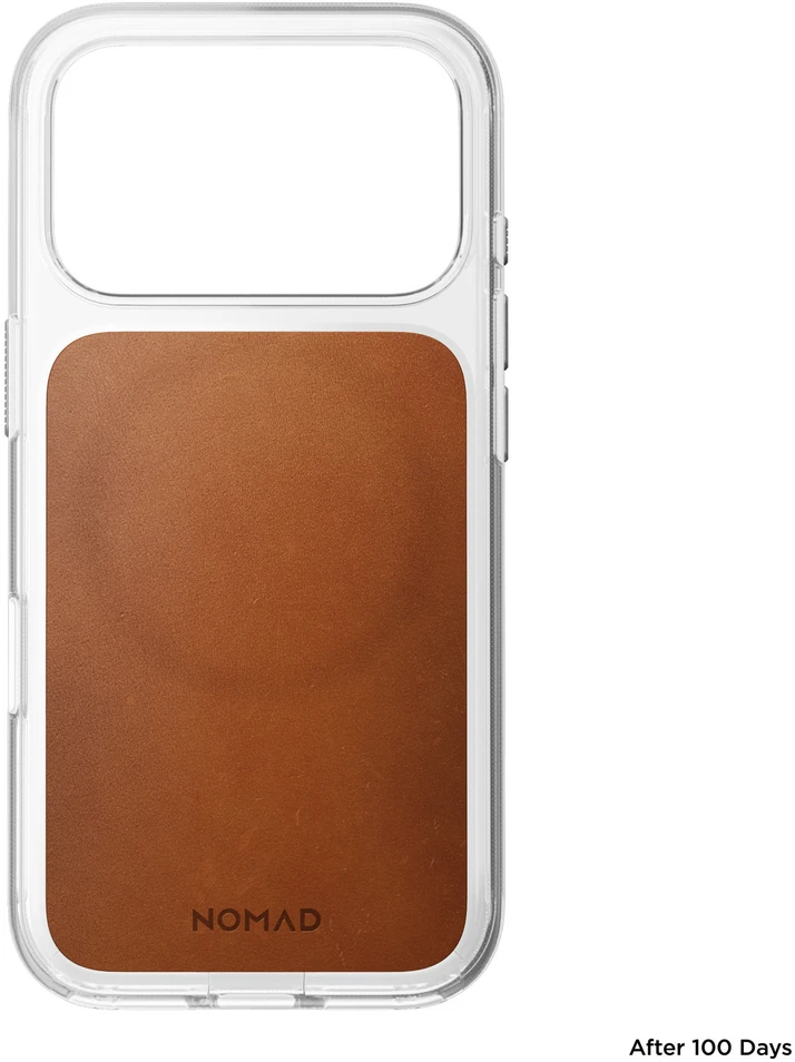 Nomad skaidrus odinis dėklas, balno spalvos (Horween) - iPhone 18 Pro/17 Pro