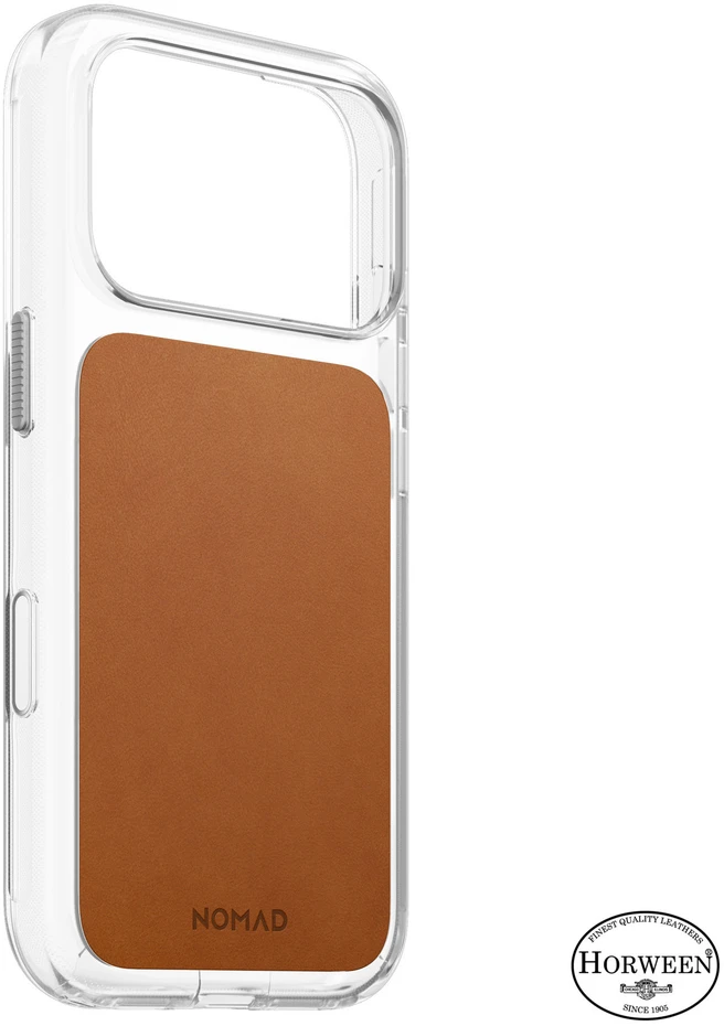 Nomad skaidrus odinis dėklas, balno spalvos (Horween) - iPhone 18 Pro/17 Pro