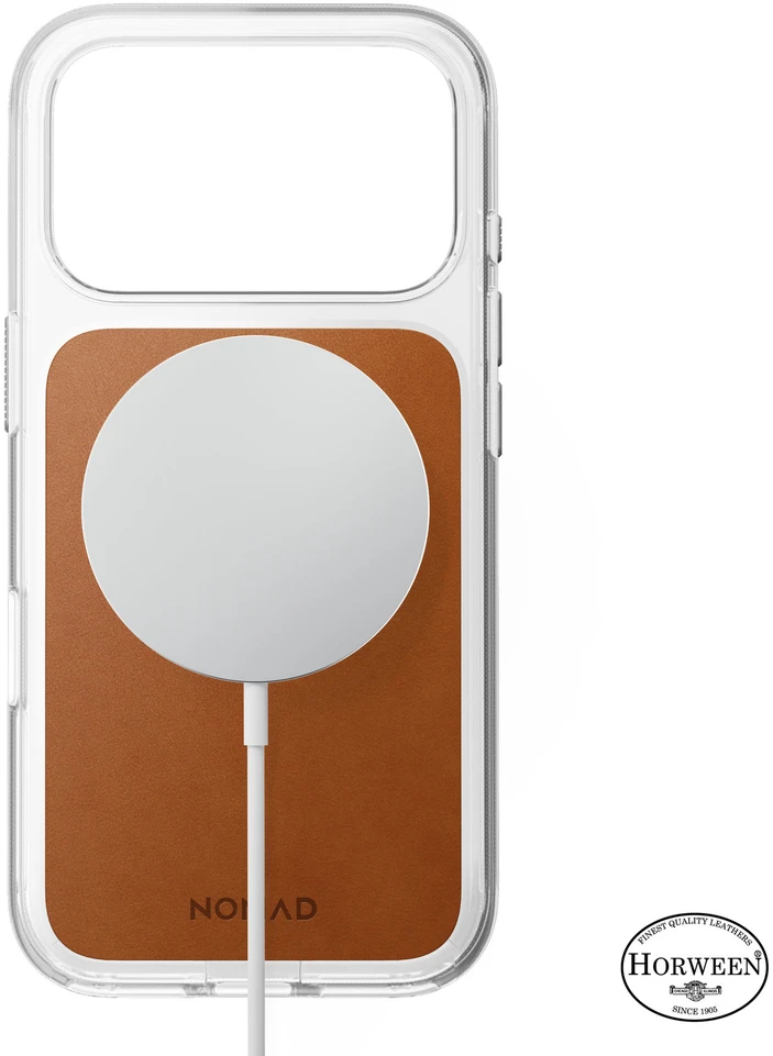 Nomad skaidrus odinis dėklas, balno spalvos (Horween) - iPhone 18 Pro/17 Pro