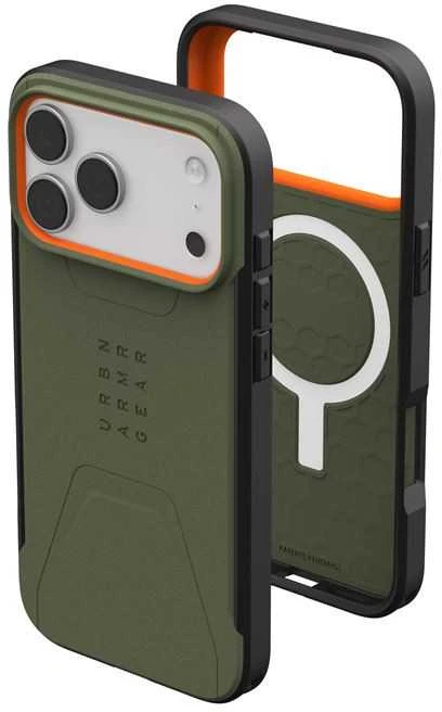 Dėklas Urban Armor Gear UAG Civilian Magsafe akiniai, alyvuogių/oranžiniai - iPhone 17 Pro Max