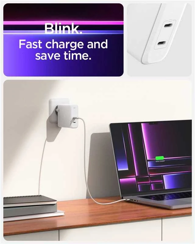 SPIGEN ArcStation Pro GaN-1402 maitinimo įkroviklis, 2x USB-C, 140W baltos spalvos