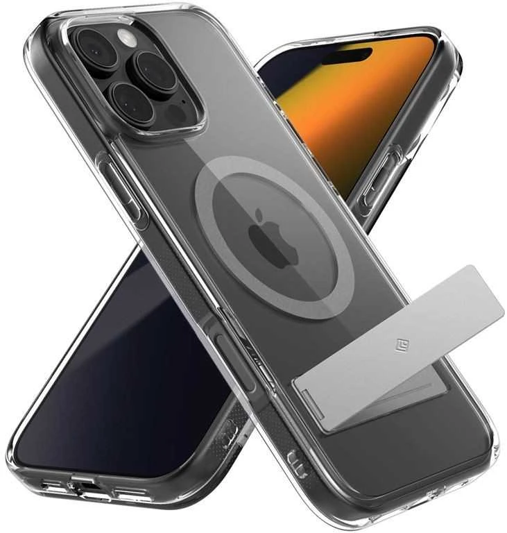 Dėklas Spigen „Capella MagSafe“ stovas, skaidrus pilkos spalvos – „iPhone 16 Pro“