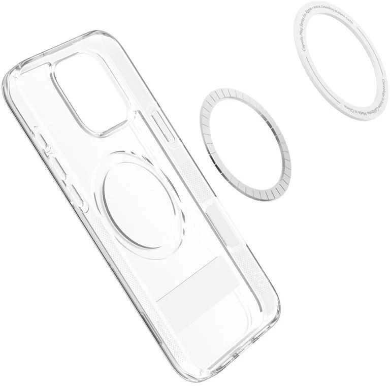 Dėklas Spigen „Capella MagSafe“ stovas, skaidrus pilkos spalvos – „iPhone 16 Pro“