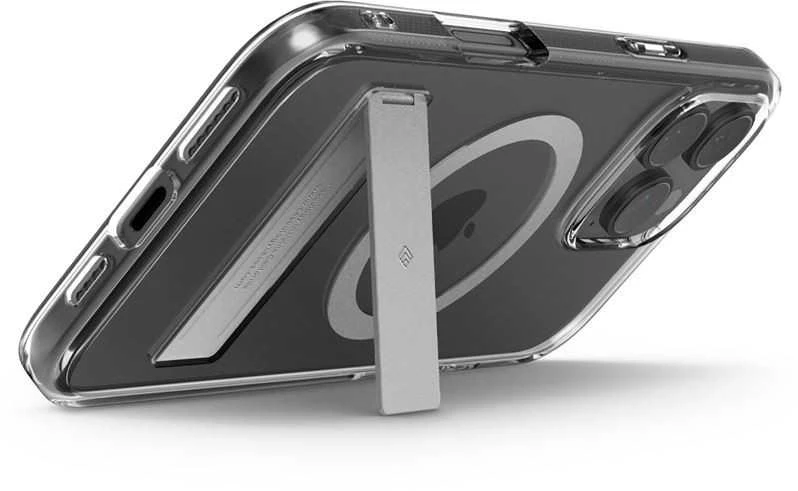 Dėklas Spigen „Capella MagSafe“ stovas, skaidrus pilkos spalvos – „iPhone 16 Pro“