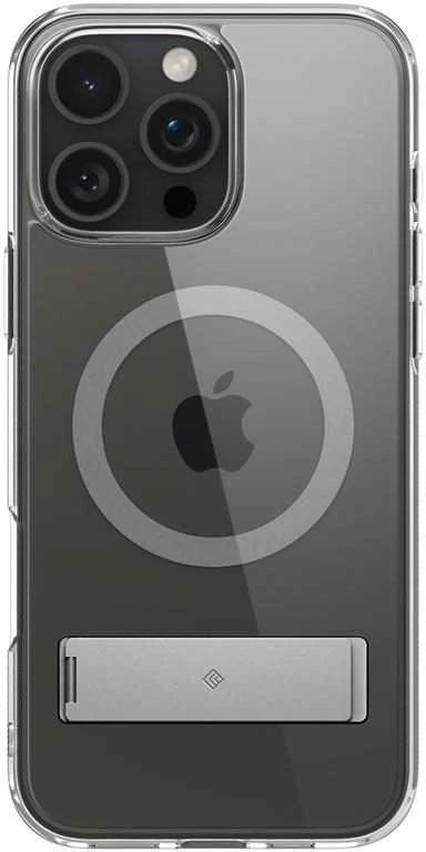 Dėklas Spigen „Capella MagSafe“ stovas, skaidrus pilkos spalvos – „iPhone 16 Pro“