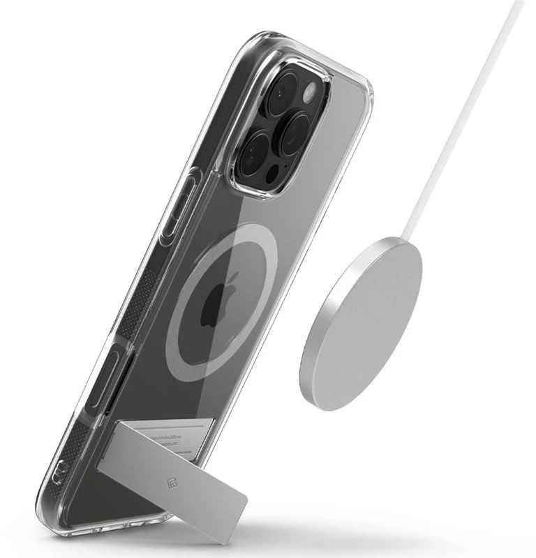 Dėklas Spigen „Capella MagSafe“ stovas, skaidrus pilkos spalvos – „iPhone 16 Pro“