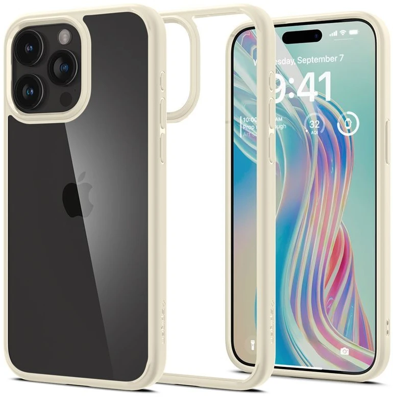 Dėklas „Spigen Crystal Hybrid“, smėlio spalvos – „iPhone 15 Pro Max“