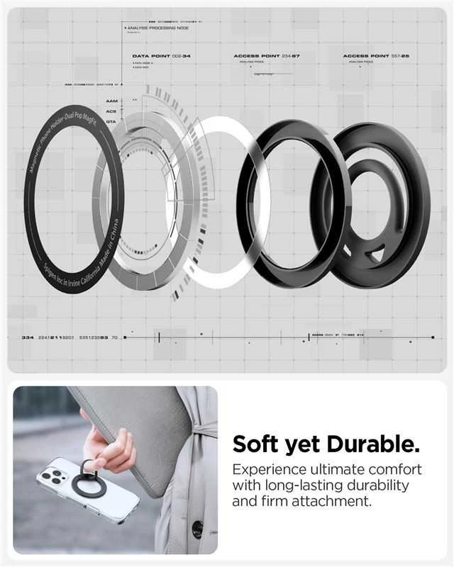 Juodas magsafe žiedas telefonui su laikikliu pirštui „Spigen Dual Pop MAG Magsafe”