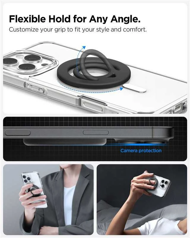 Juodas magsafe žiedas telefonui su laikikliu pirštui „Spigen Dual Pop MAG Magsafe”