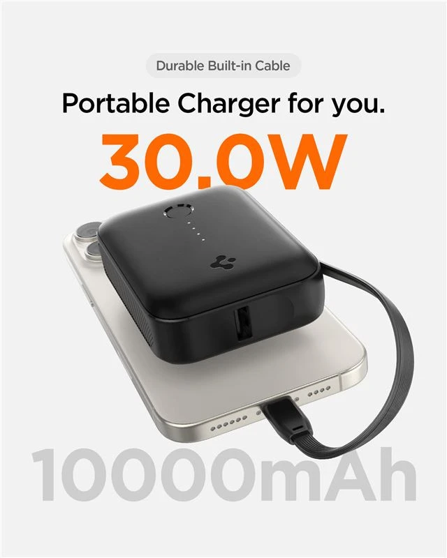 Spigen Essential 10,000 mAh 30W Power Bank (Built in Cable), juodas EA3010BT