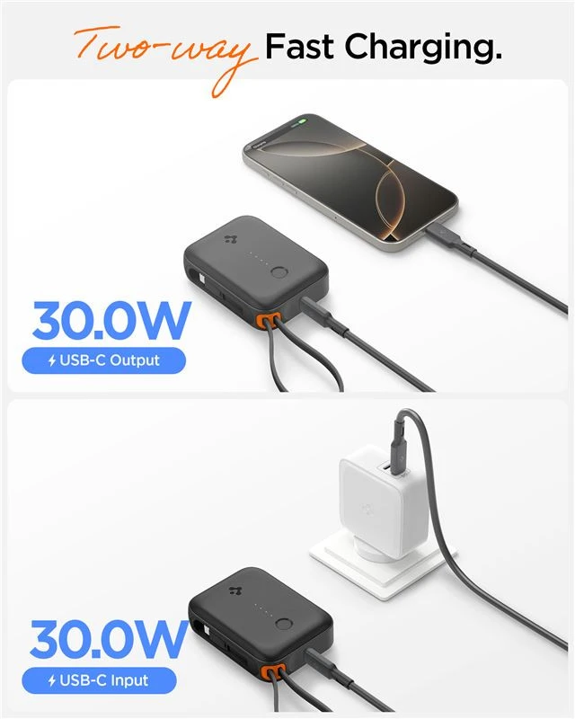 Spigen Essential 10,000 mAh 30W Power Bank (Built in Cable), juodas EA3010BT