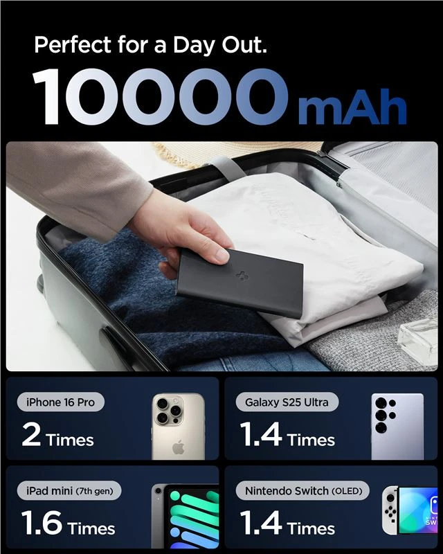 Spigen Essential EA2210 Power Bank 10000 mAh 22.5W – juodos spalvos