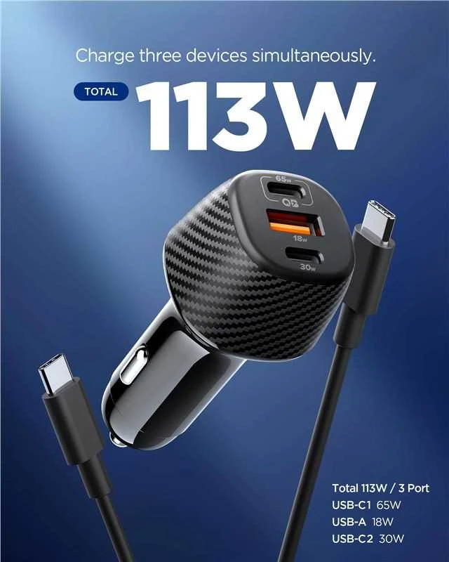 Spigen Essential 113W automobilinis įkroviklis EV1133, juodas