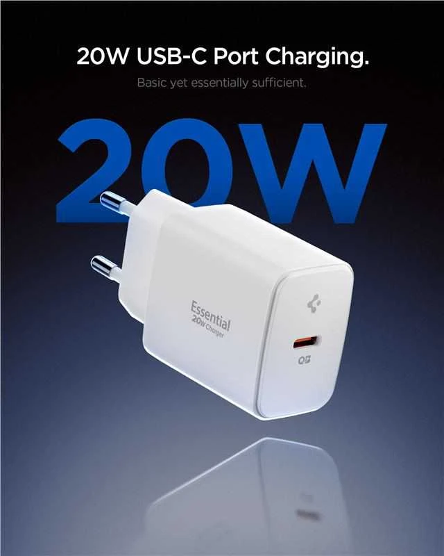 Spigen Essential EE201EU USB-C 20W Wall Charger - Baltas